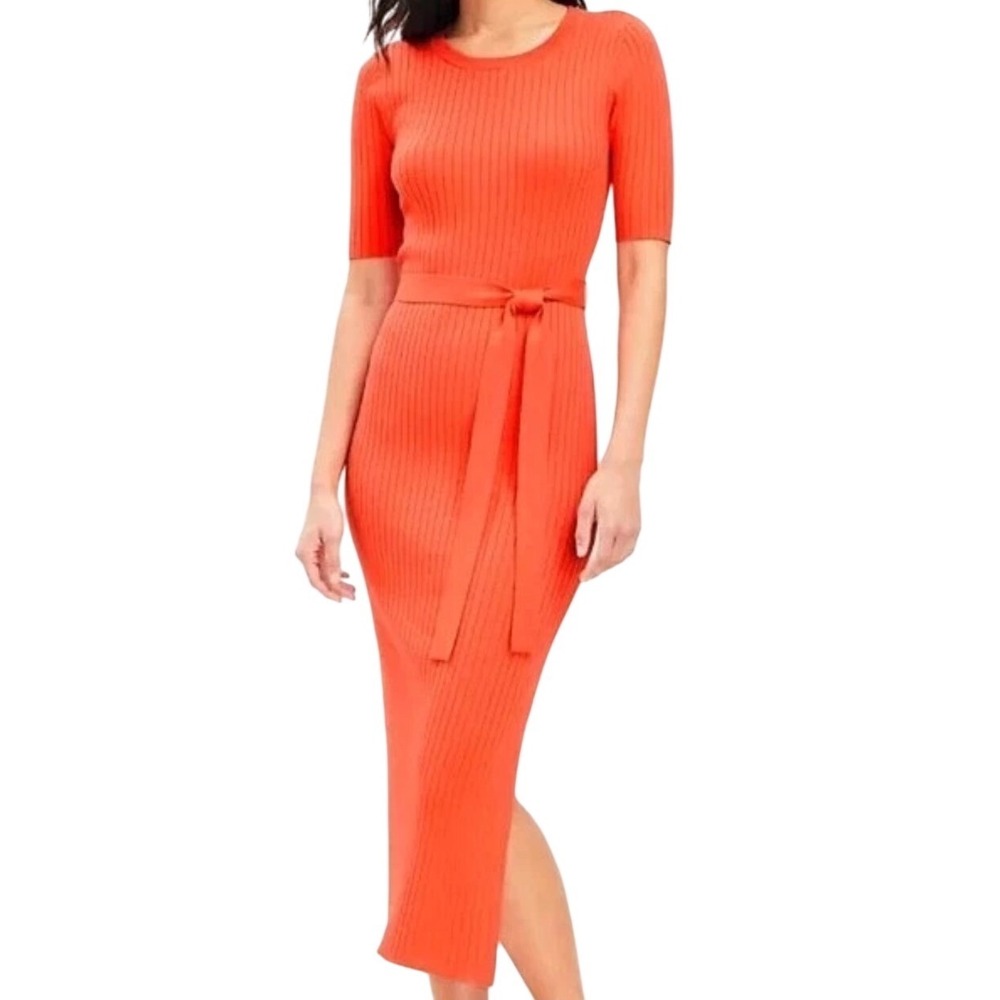 LOFT Womens Ribbed Knit Elbow Sleeve Maxi Dress Orange Size Medium Casual Travel